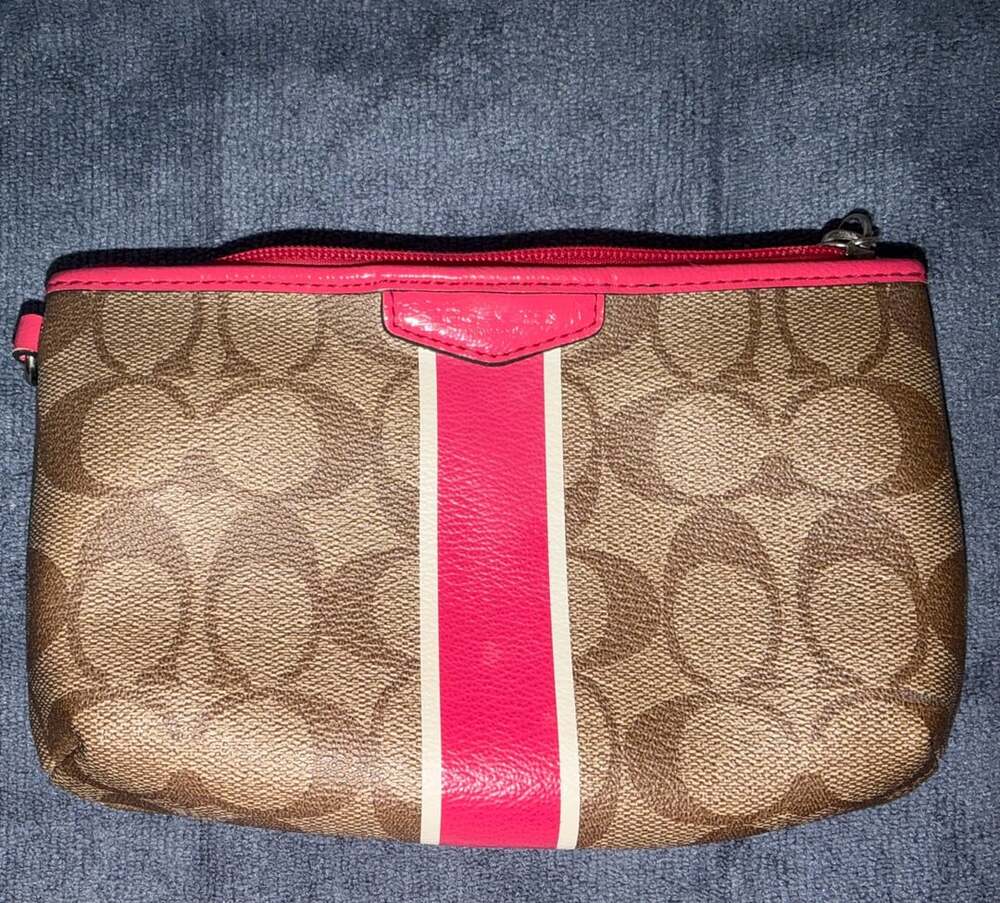 COACH Signature Stripe Patent Leather Trim Wristlet Pouch